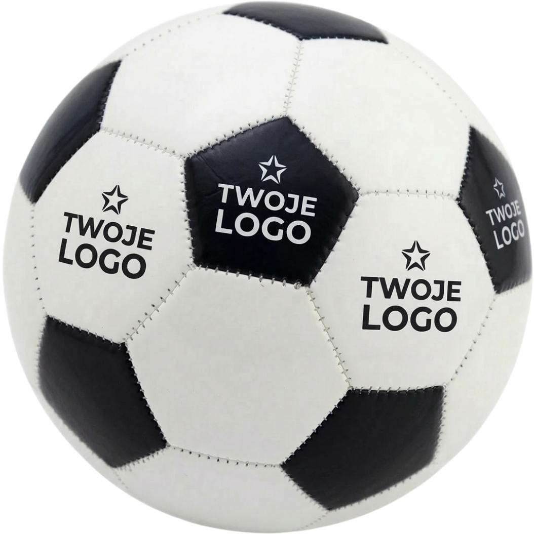 Klasyczna biało-czarna piłka nożna z logotypem firmy. Tradycyjny nośnik reklamy o wysokiej widoczności logo, idealny na pikniki i festyny.