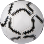 Biała piłka nożna z czarnym, nowoczesnym wzorem w kształcie zakrzywionych pasów. Klasyczna konstrukcja z widocznymi szwami, wykonana z błyszczącego materiału syntetycznego na białym tle