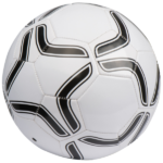 Piłka nożna biała z czarnym, nowoczesnym wzorem w kształcie bumerangu.