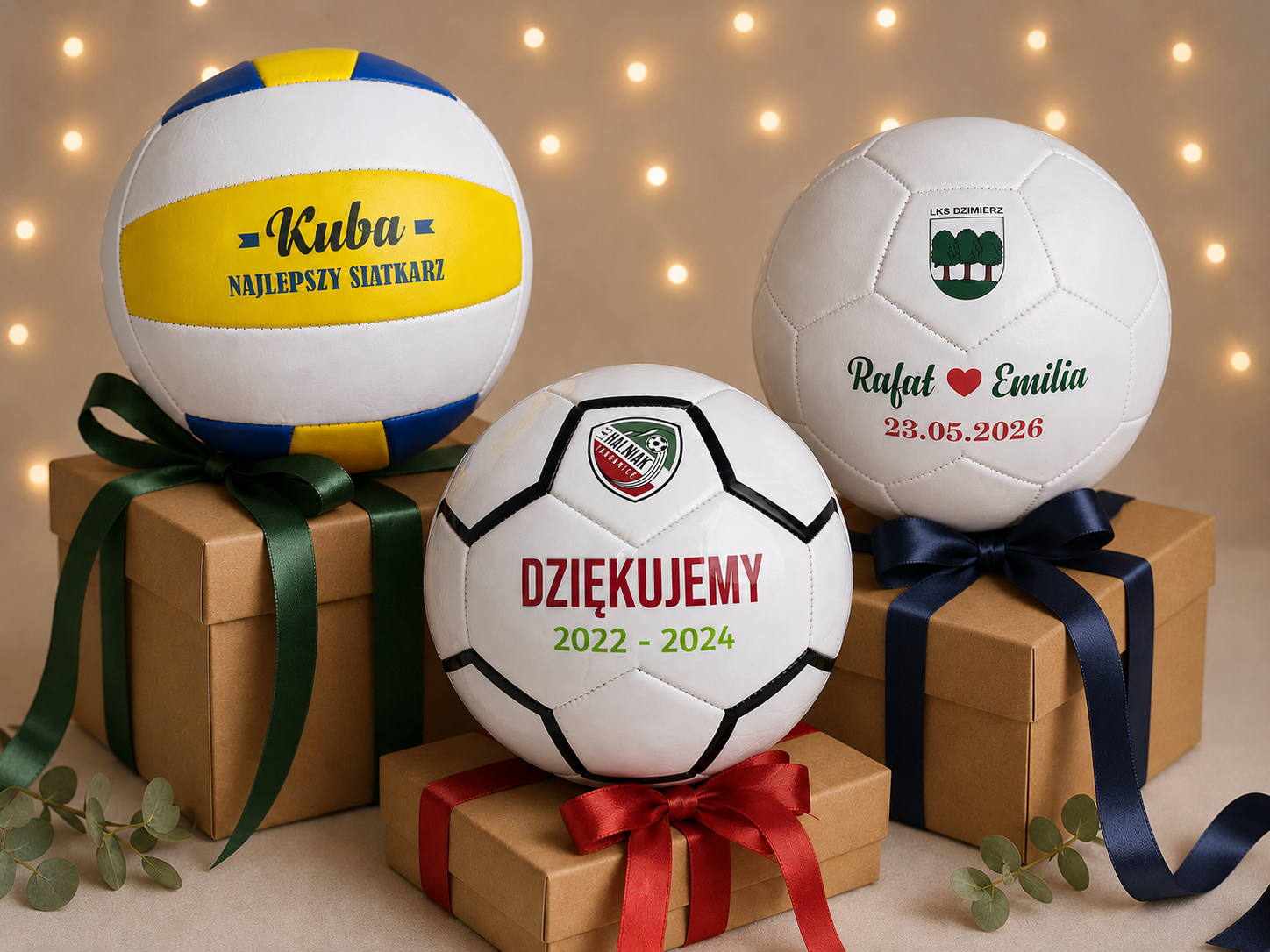 3 piłki sportowe na prezent z indywidualną personalizacją. 