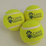 trzy piłeczki do tenisa w kolorze żółtym z nadrukowanym logo Canis